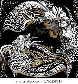 Seamless repeated leopard pattern. Wild leopard, decorated with exotic flowers and leaves. Adorned with wild animal skin textures. Trendy Graphic Design for textile and All surface designs.