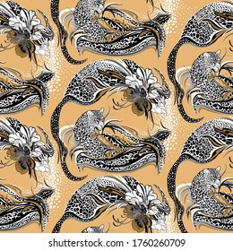 Seamless repeated leopard pattern. Wild leopard, decorated with exotic flowers and leaves. Adorned with wild animal skin textures. Trendy Graphic Design for textile and All surface designs.