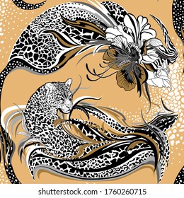 Seamless repeated leopard pattern. Wild leopard, decorated with exotic flowers and leaves. Adorned with wild animal skin textures. Trendy Graphic Design for textile and All surface designs.