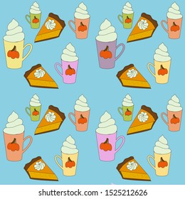 Seamless repeated patern with pumpkin pie and cup of coffee. Vector illustration.