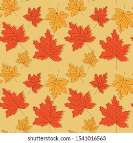 Seamless repeated pattern with autumn maple lives. Vector illustration.