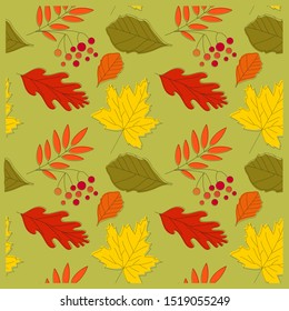 Seamless repeated pattern with coloured autumn leaves and rowan. Vector illustration