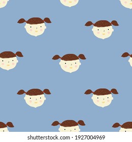 Seamless repeated pattern with cute little girl's portraits. Vector childish print. Seamless pattern design with hand drawn  faces.
