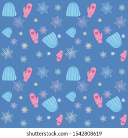 Seamless repeated pattern with hats, mittens and snow flakes. Vector illustration