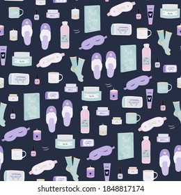 Seamless Repeated Pattern Swatch.  Self-care And Beauty Products Vector Designs. Wellness And Pampering Makeup And Spa Pattern. Background, Wallpaper, Textile Or Paper Print. Accessories, Products, Cards.