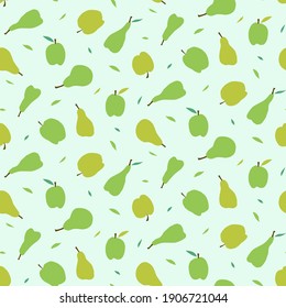 Seamless repeated pattern swatch. Vector design. Cute apples and pears with leaves. All over fruit pattern. Background, wallpaper, fashion, textiles, kids wear, food packaging, healthy living, farming. 