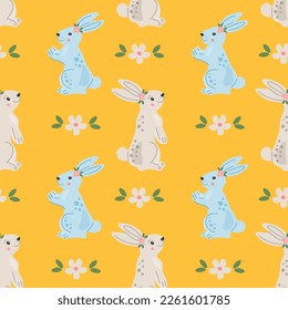 Seamless repeated surface pattern design with cute little bunnies and flowers. Festive spring background in Scandinavian hand drawn style. Baby or kids product design, fabric, wallpaper, clothing.