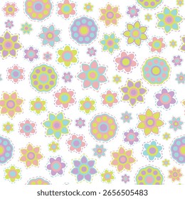 Diseño repetido inconsútil del modelo del pastel de la flor del Vector de la superficie con las pequeñas flores naranjas, rosadas, verdes y púrpuras en un fondo blanco, estilo retro, vintage, creativo