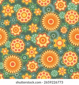 Seamless repeated surface vector pastel flower pattern design with little orange, green flowers on a white background, retro style, vintage, creative, birthday, wrapping paper, textile