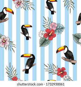 Seamless repeated surface vector pattern design with toucans and tropical pink and red flowers and green leaves on a striped blue and white background 