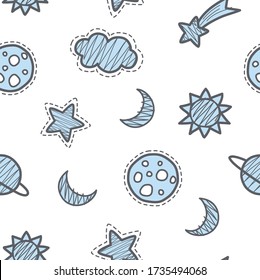 Seamless repeated surface vector pattern design with light blue stars, planets moons and clouds on white background perfect for children's clothes, accessories and sleep wear