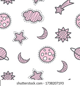 Seamless repeated surface vector pattern design with baby pink stars, planets moons and clouds on white background perfect for children's clothes, accessories and sleep wear