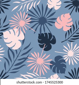 Seamless repeated surface vector pattern design with pink, white and blue tropical leaves on a blue background