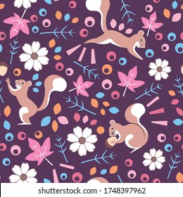 Seamless repeated surface vector pattern design with happy squirrels, pink, blue and orange leaves and white flowers on a purple background