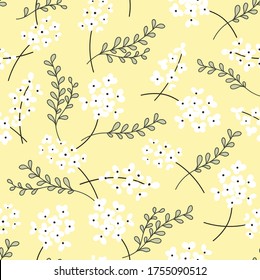 Seamless repeated surface vector pattern design with little white flowers and green leaf branches on a light yellow background