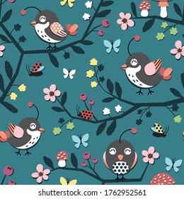 Seamless repeated surface vector pattern design with happy little birds and colorful flower branches, butterflies and ladybugs on a blue-green background