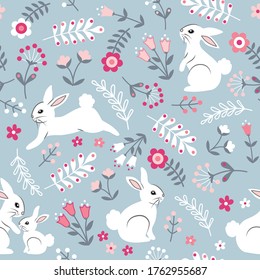 Seamless repeated surface vector pattern design with cute little white bunnies and pink an white flowers and gray leaves on a light blue background