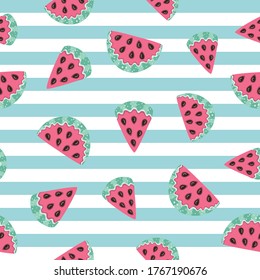 Seamless repeated surface vector pattern design with fresh watermelons on a striped white and light blue background