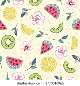 Seamless repeated surface vector pattern design with fresh watermelons, lemons, kiwi fruits and white tropical flowers on a light yellow background