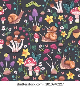 Seamless repeated surface vector pattern design with mushrooms, snails, butterflies, ladybugs and colorful flowers on a  dark gray background