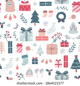 Seamless repeated surface vector pattern design with red, green and blue presents and Christmas trees on a white background