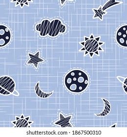 Seamless repeated surface vector pattern design with dark blue planets, clouds and stars on a light blue background with linen texture