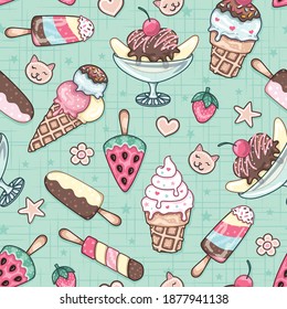 Seamless repeated surface vector pattern design with colorful ice-creams, popsicles, strawberries, banana splits and cherries on a turquoise background with stars