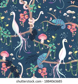 Seamless repeated surface vector pattern design with exotic white birds, blue chameleons, snakes, orchids and mushrooms in a colorful tropical fantasy forest on a dark blue background 