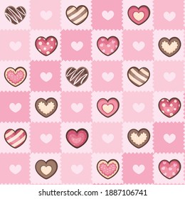 Seamless repeated surface vector pattern design with pink, cream and brown chocolate and strawberry heart shaped desserts on a checkered pink background suitable for Valentine's day, weddings and more