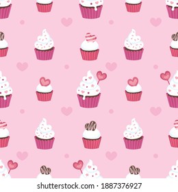 Seamless repeated surface vector pattern design with fluffy white cupcakes in pink and red cups on a pink background with little pink hearts suitable for Valentine's day, weddings and more