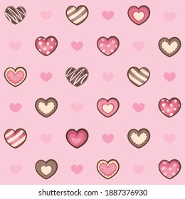 Seamless repeated surface vector pattern design with pink, cream and chocolate brown and strawberry heart shaped  desserts on a pink background. Suitable for Valentine's day, weddings and more