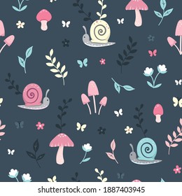 Seamless repeated surface vector pattern design with little pink, blue and yellow snails, mushrooms, butterflies, flowers and leaves on a dark blue background