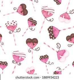 Seamless repeated surface vector pattern design with pink and red heart shaped lollipops dipped in white and brown chocolate on a white background