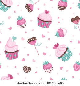 Seamless repeated surface vector pattern design with pink cupcakes, heart shaped lollipops and chocolate covered strawberries on a white background perfect for Valentine's day and weddings