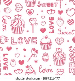 Seamless repeated surface vector pattern design with red outlines of cupcakes, heart shaped lollipops, strawberries and romantic text suitable for Valentine's day