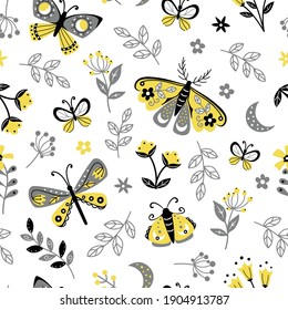Seamless repeated surface vector pattern design with yellow, gray, and black butterflies and dragon flies and leaves and little flowers on a white background