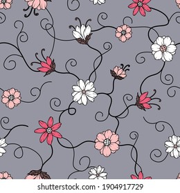 Seamless repeated surface vector pattern design with little pink, red and white flowers and thin black vines on a gray background
