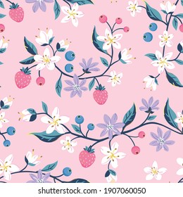 Seamless repeated surface vector pattern design with strawberries and blueberries and little white and purple flowers on branches on a pink background 