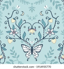 Seamless repeated surface vector pattern design with symmetrical mirrored white butterfly with elaborate antennas with flowers and strawberries on a light blue background
