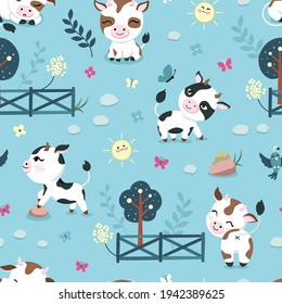 Seamless repeated surface vector pattern design with happy little baby cows in a colorful flower field on a blue background