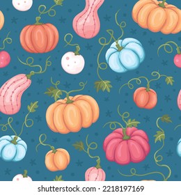 Seamless repeated surface vector pattern design with colorful pumpkins, squashes and vines on a dark blue background. Autumn holiday garden.