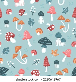 Seamless repeated surface vector pattern design with colorful mushrooms of various shapes on a light blue background