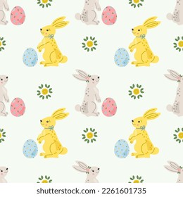 Seamless repeated surface vector pattern design with cute little white bunnies and Easter eggs in hand drawn style. Wrapping paper, greeting cards, textile design.