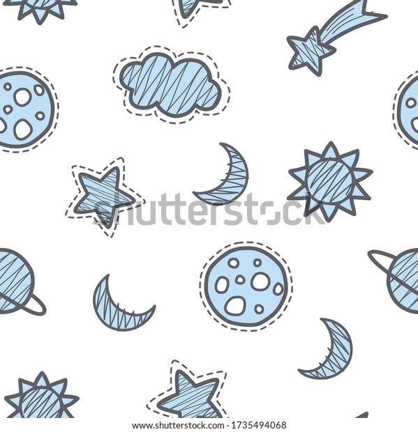 Seamless repeated\
surface vector pattern design with light blue stars, planets moons\
and clouds on white background perfect for children\'s clothes,\
accessories and sleep\
wear