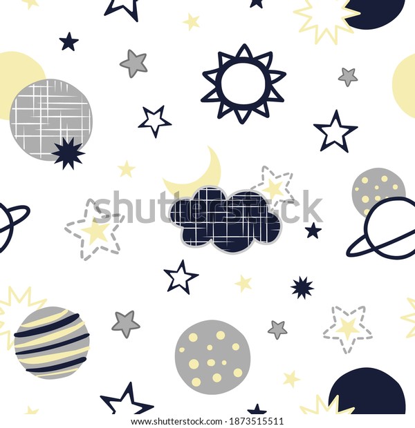 Seamless repeated surface vector pattern\
design with gray, navy blue and gold planets, stars and moons with\
linen texture details on a white\
background