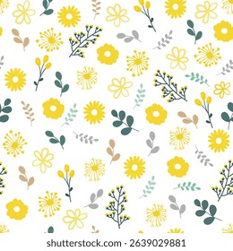 Seamless repeated surface vector yellow flower pattern design with little orange, pink, green and gray flowers, leaves and berries on a white background