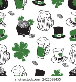 Seamless repeated texture pattern for Saint Patrick's day celebration wrapping paper. Cauldron with golden coins, shamrock clover, leprechaun hat, mug of beer in white, green and black. Hand drawn