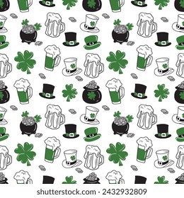 Seamless repeated texture pattern for Saint Patrick's day celebration wrapping paper. Cauldron with golden coins, shamrock clover, leprechaun hat, mug of beer in white, green and black. Hand drawn