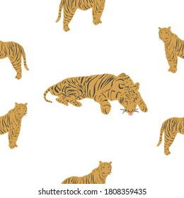 Seamless repeated tiger pattern. Vector pattern of big cats. Exotic animals pattern. Tiger King. White background.