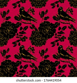 Seamless repeated vector. Monochrome canary bird-flowers with gilding detail.Fabric textured background. Trendy Graphic Design for textile and All surface designs.